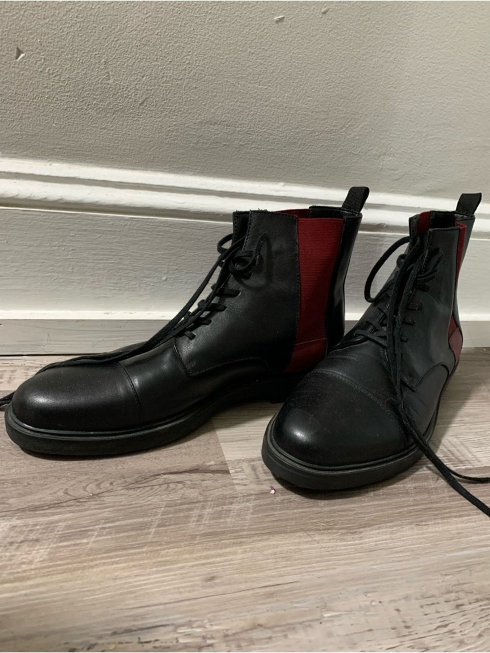 Men's Black Leather Lace-Up Boots with Red Elastic Panels